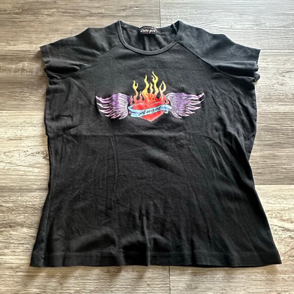 Y2k Cute Girl Black Womens‎ M Angel Burning Heart Wings Chest Graphic Tshirt - Picture 1 of 8